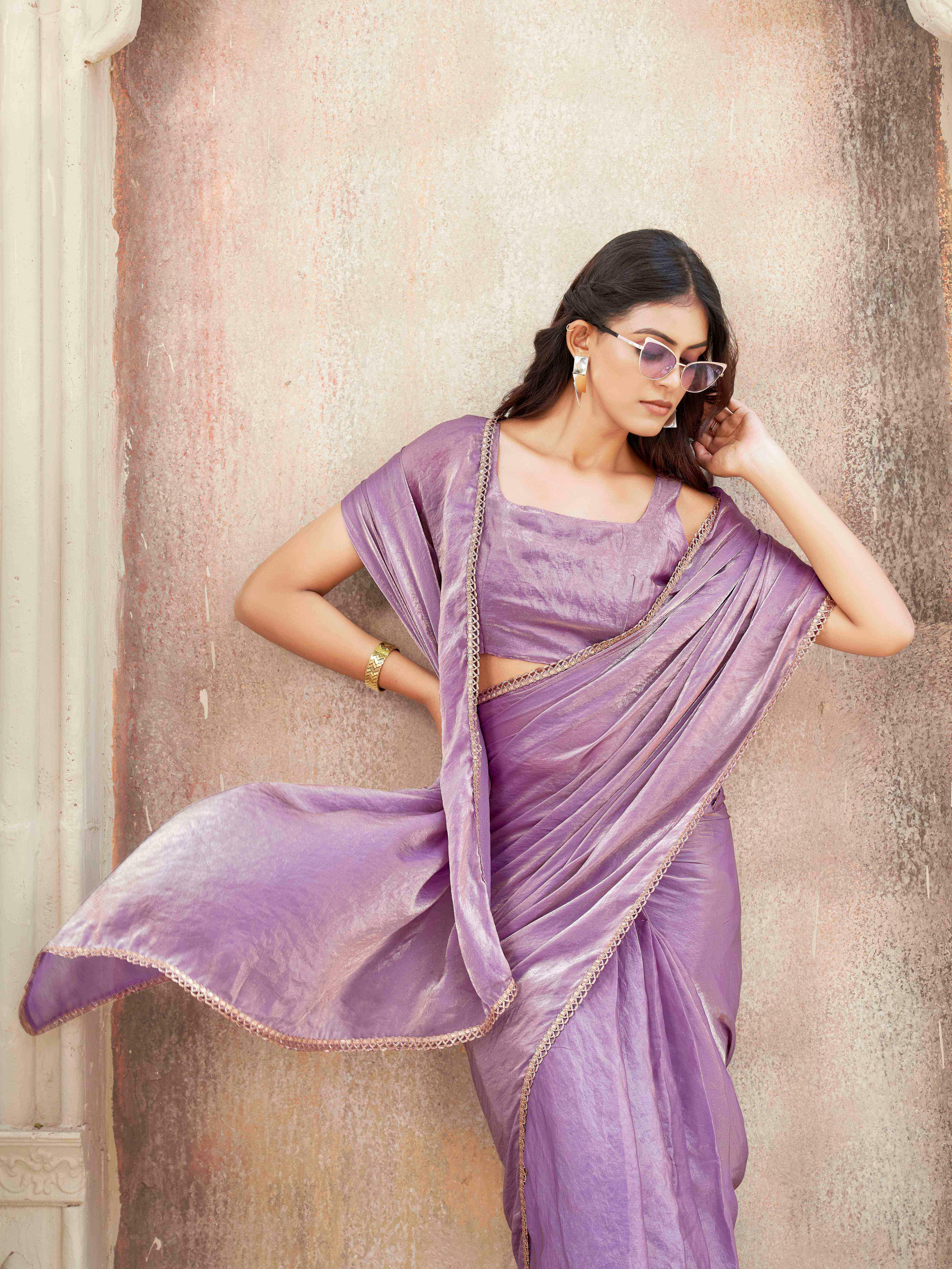 Ready to wear two tone purple and gold colored jimmy choo saree with embellished border
